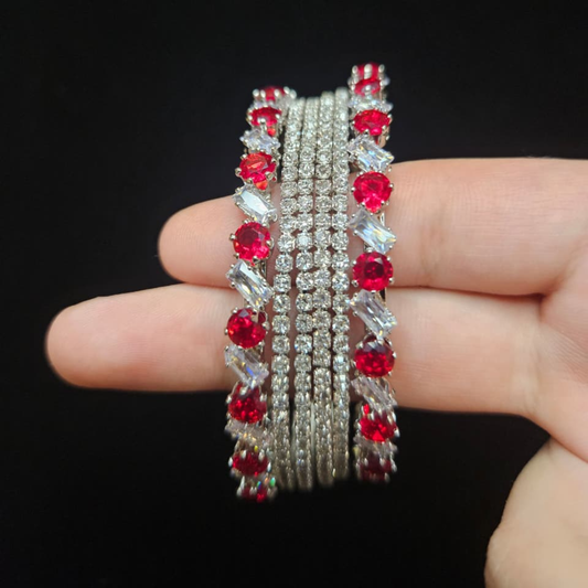 Silver Bangles with Round Red and Baguette White Stones