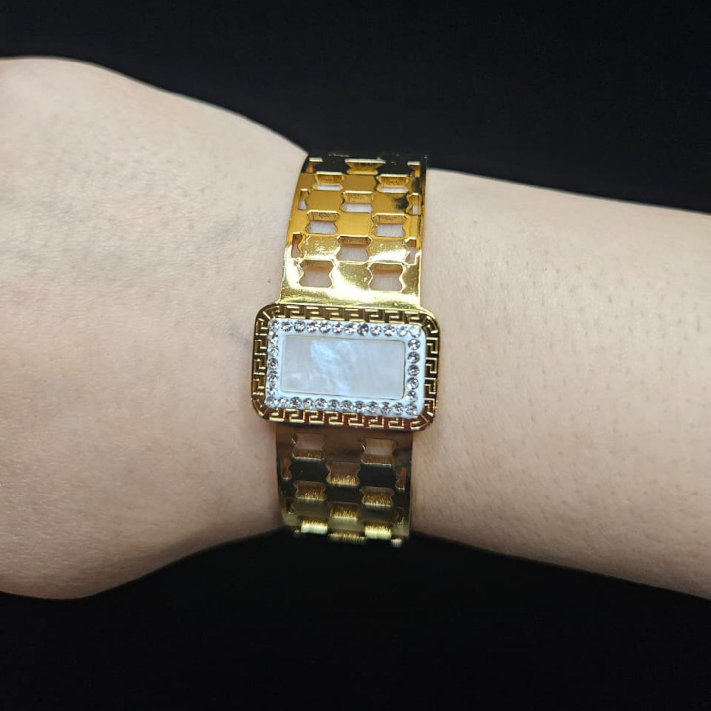 Golden Rectangular White Stone Bangle