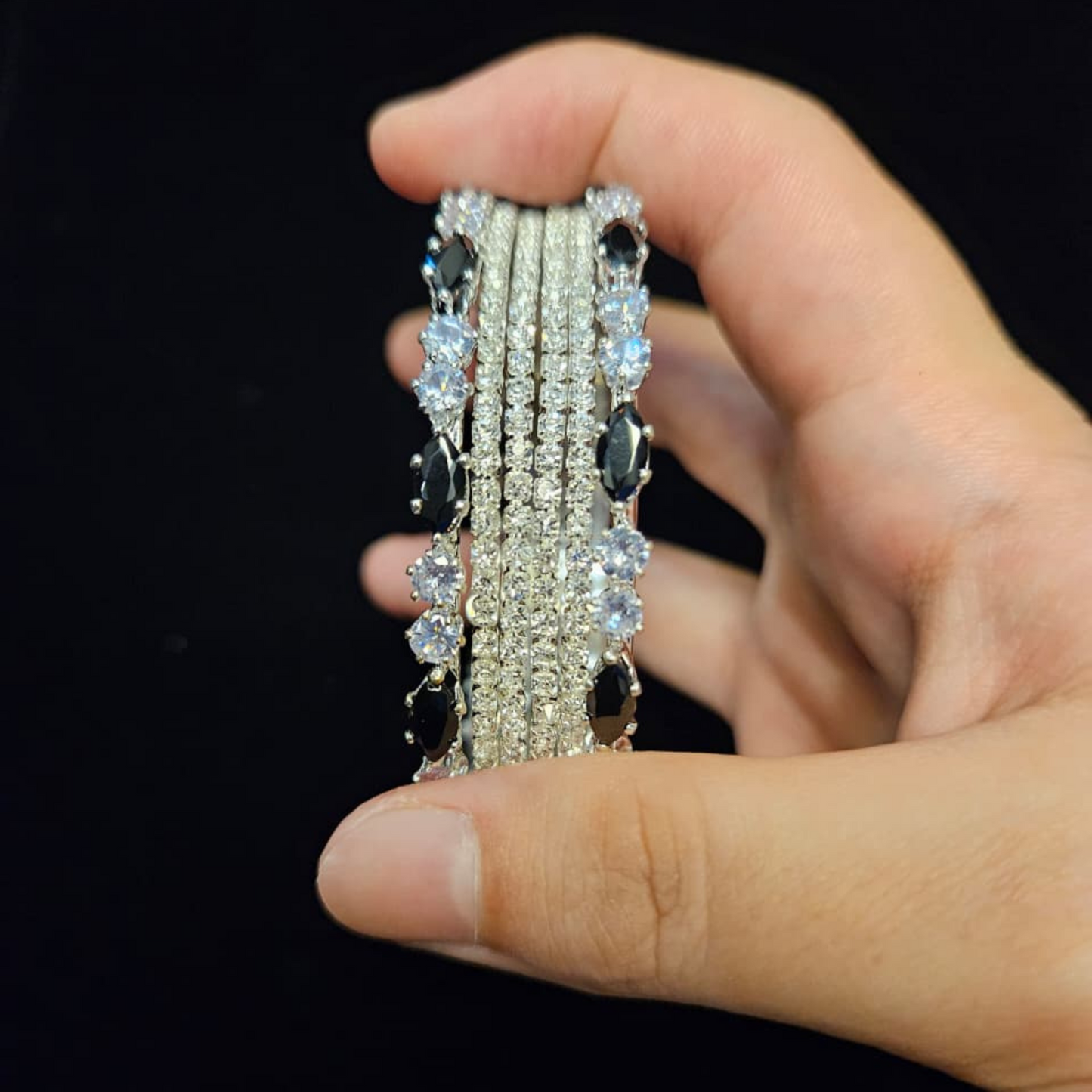 Silver Bangles with Black and White Stones