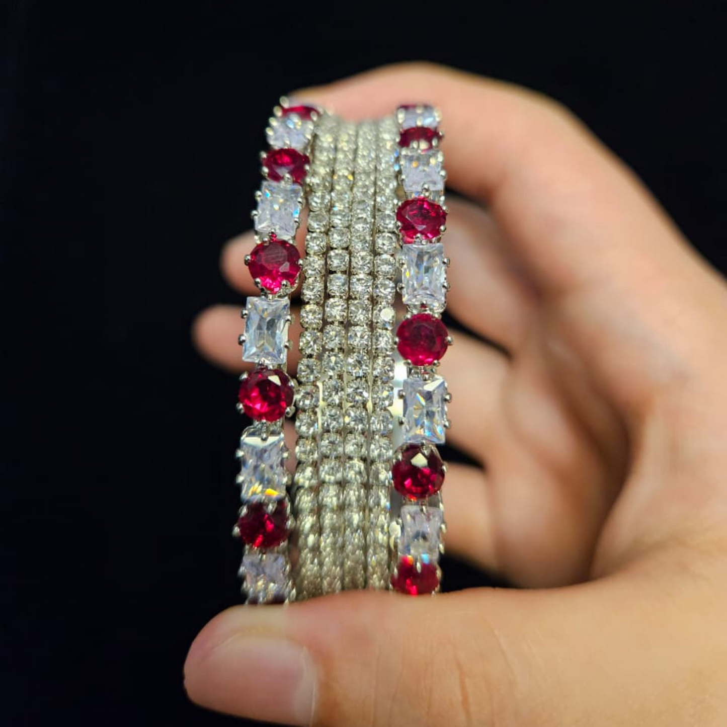 Silver bangles with Red and White Stones