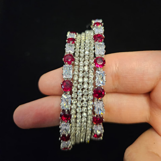 Silver bangles with Red and White Stones