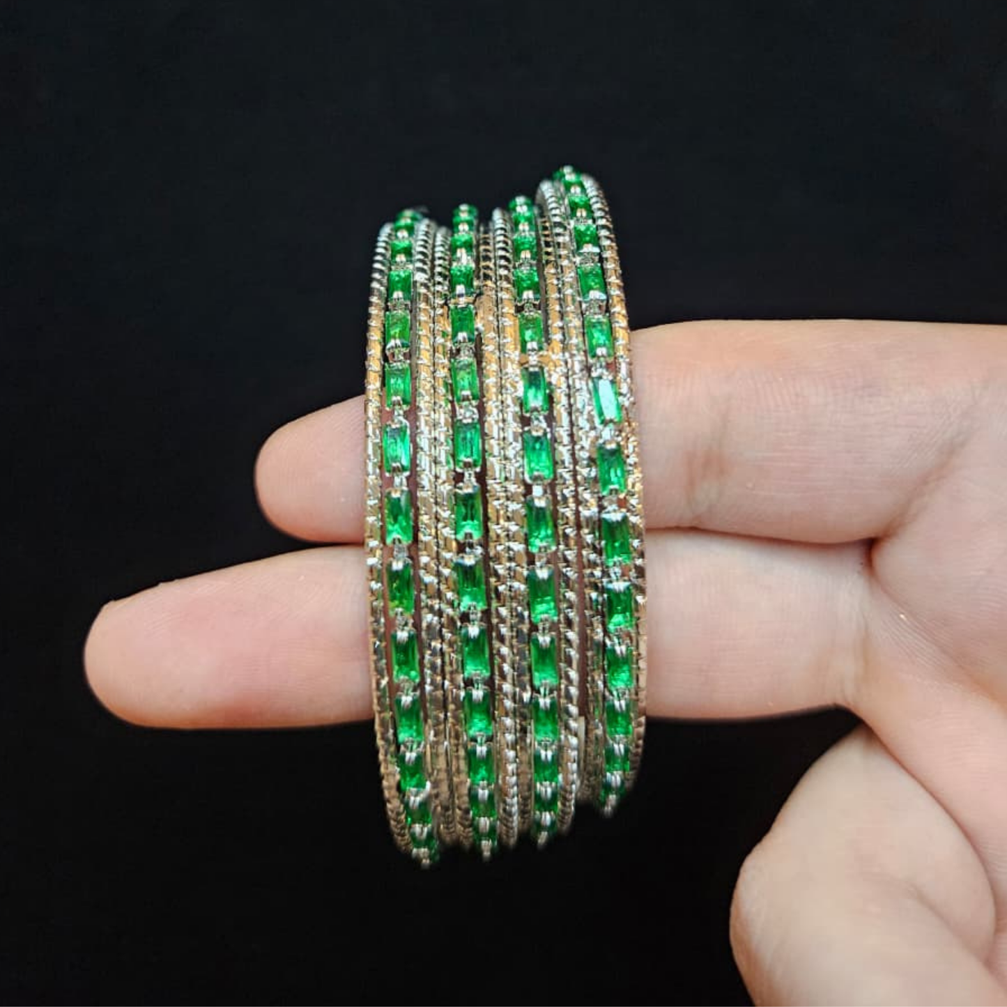 Green and Silver Stack Bangles