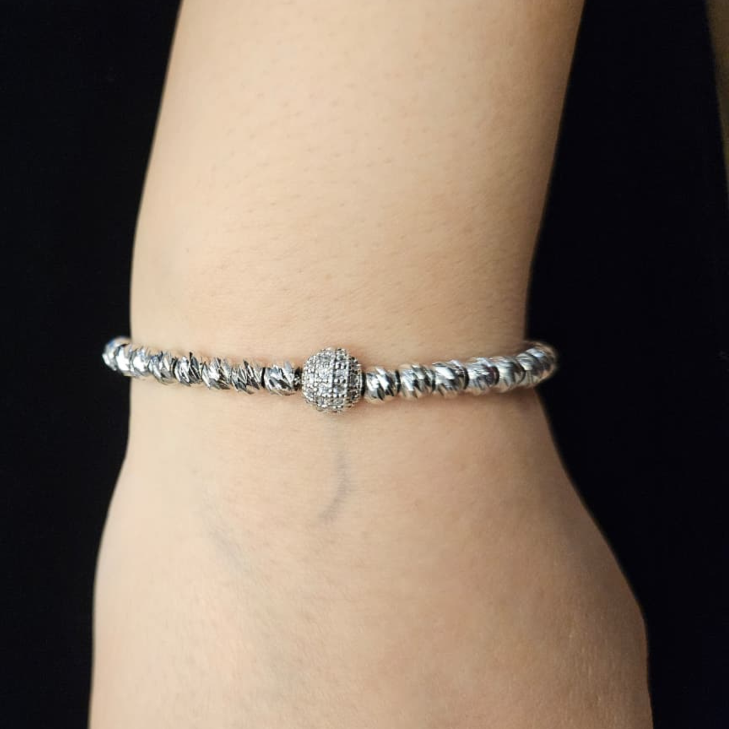 Adjustable Silver Textured Bead Bracelet